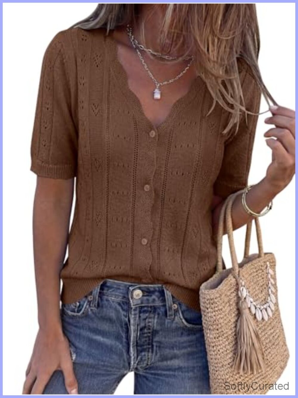 Womens Crochet Knit Button Down Cardigan Short Sleeve V Neck Lightweight